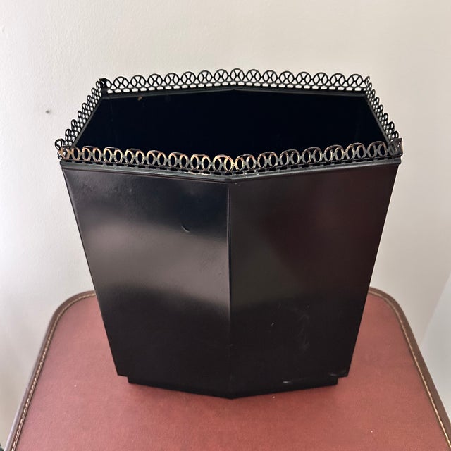 Vintage Wolff Black & Gold Floral Toleware Wastebasket For Sale In Louisville - Image 6 of 14