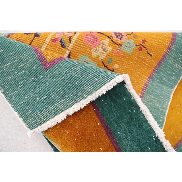 Textile Vintage Chinese Art Deco Rug | Gold & Green Colors | Small Floral Rugs For Sale - Image 7 of 8