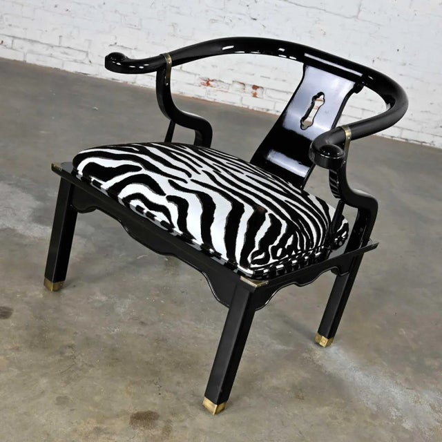 Late 20th Century Vintage Ming Style Black Lacquer & Brass Low Chair After James Mont in Scalamandre El Morocco Espresso Fabric For Sale - Image 5 of 13