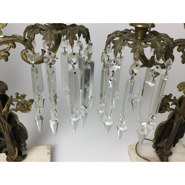 Mid 20th Century Brass Figural Candelabra Lamps with Prisms A Pair