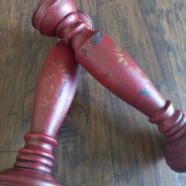 Rustic Vintage Rustic Style Red Distressed Wood Pillar Candle Holders Wood - a Pair For Sale - Image 3 of 7