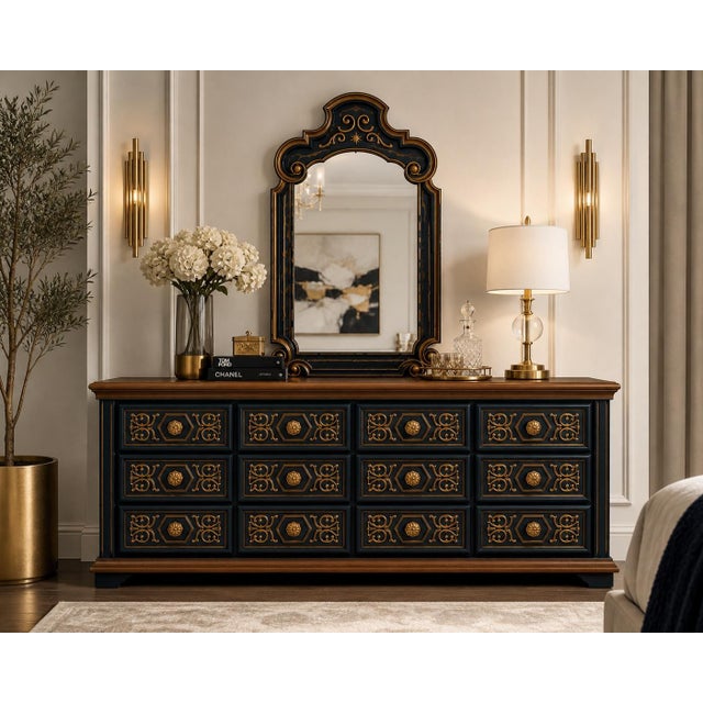 A commanding vintage lowboy dresser, circa 1970s, attributed to Drexel, thoughtfully reimagined in a refined designer...