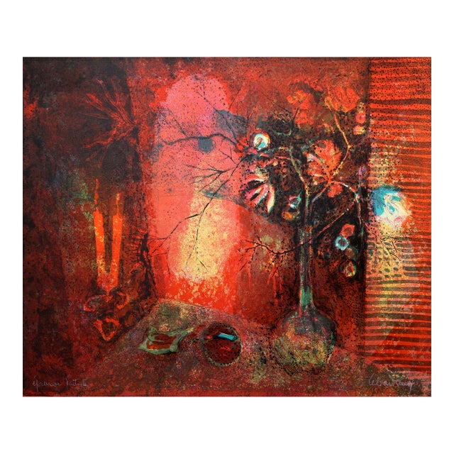 Still Life in Red, Signed Lithograph by Lebadang (Aka Hoi) For Sale