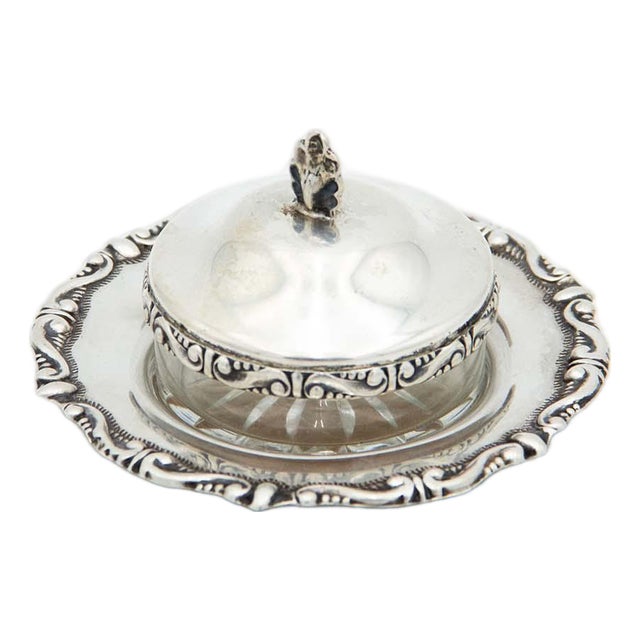 Embossed Silver Butter Dish with Glass Container For Sale