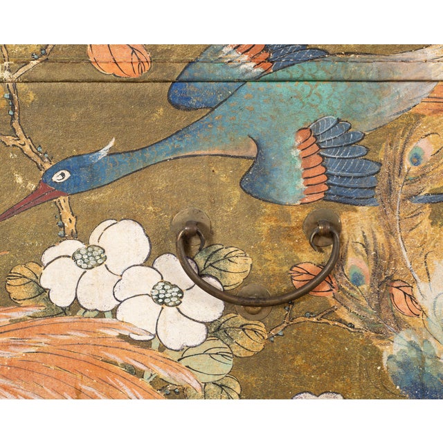 Chinese Qing Style Painted Exotic Birds Leather Trunk Table For Sale - Image 10 of 17