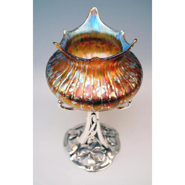 Silver Plated Amber Papillon Iridescent Vase with Pewter Mounting from Loetz, 1890s For Sale - Image 5 of 9