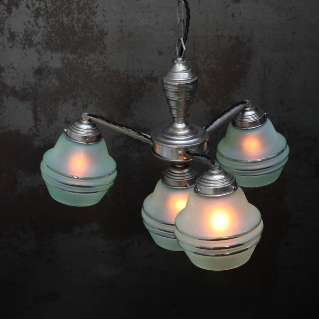 Art Deco Chandelier in Green Frosted Glass and Silver Nickel, 1920s For Sale - Image 9 of 11