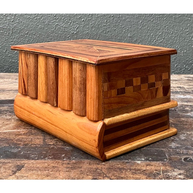 Rustic Vintage Wood Inlay Marquetry Box For Sale - Image 3 of 12