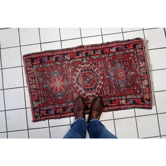Handmade Antique Persian Karajeh Rug – 2.1' x 3.7' – 1910s Tribal Wool Rug Step into the rich history of Persian...