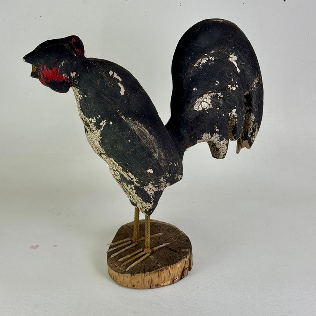 Early 20th Century Majestic Primitive Folk Art Hand Carved Vintage Wooden Rooster Sculpture With Original Paint For Sale - Image 9 of 12