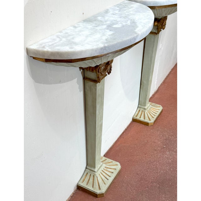 1950s Pair of Pallido Italy Neoclassical Stylized Urn Giltwood & Marble Console Tables For Sale - Image 5 of 8