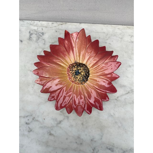 Large Majolica Pink Daisy Wall Pocket signed Clement Massier, circa 1890.