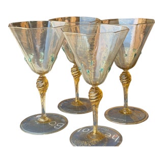 Set of 4 Antique Venetian Italian Art Glass Galliano Ferro Wine Stems For Sale