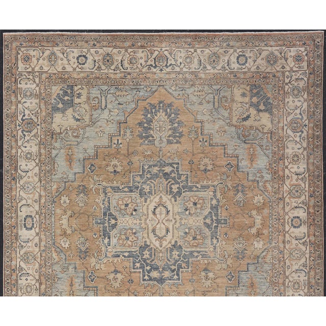 Traditional Large Serapi Design Rug With Camel Field and Blue Medallion Pattern 12'3"x14'7" For Sale - Image 3 of 17