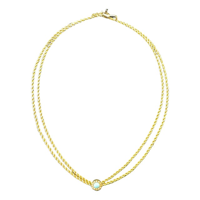 14k Yellow Gold Vintage Rope Watch Chain With Turquoise & Seed Pearls For Sale