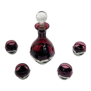Vintage Mid-Century Cranberry Glass Decanter & 4 Cordial Glasses Set With Silver Overlay For Sale