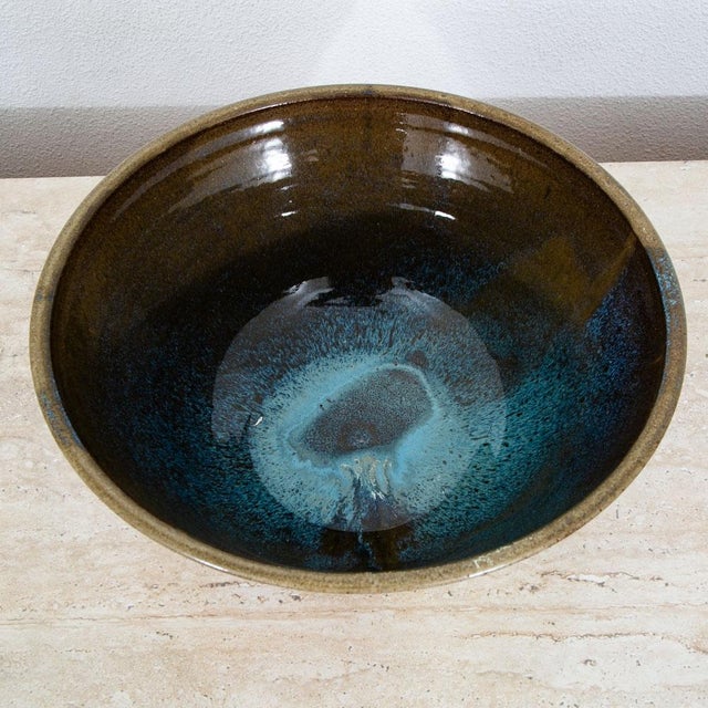 Mid-Century Modern Mid Century Modern Round Bowl Studio Hand Thrown Large Blue Tan Brown Signed MCM For Sale - Image 3 of 8