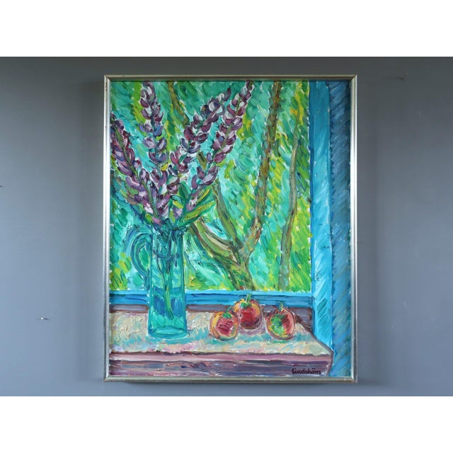 LAVENDER & FRUIT Size: 25 x 20.5 inches (including frame) Oil on canvas A joyful radiant mid-century interior still life...