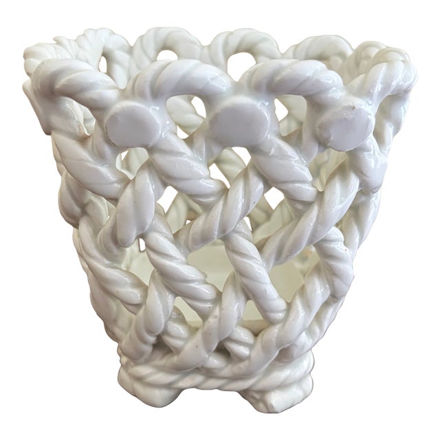 Vintage French Country Reticulated Porcelain Rope-Form Cachepot, Circa 1960s For Sale