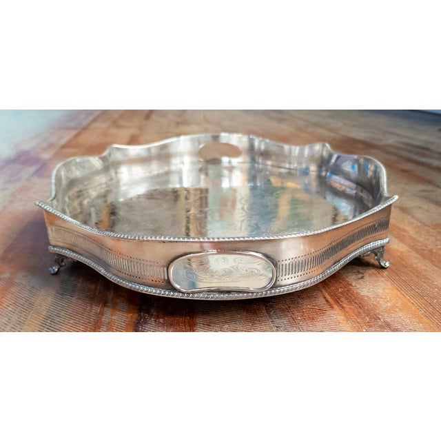 Victorian 20th Century English Victorian Style Silverplate Drinks Tray With Gallery For Sale - Image 3 of 13