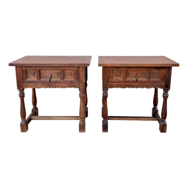 Pair of Spanish Wood Bedside Tables With Paneled Drawers, Mid-20th Century For Sale