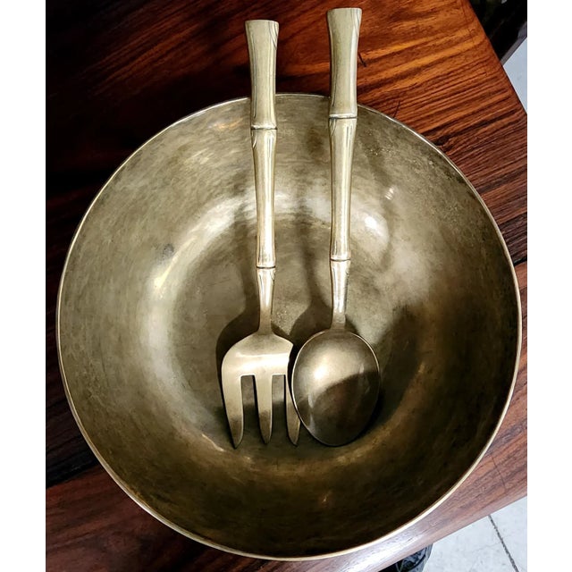 Beautiful Handmade Thai Polished Bronze Bowl & Polished Bronze Utensil Set - 3 Pc. Set For Sale - Image 10 of 13