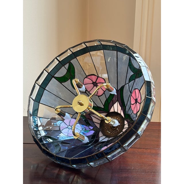 Blue Vintage Tiffany-Inspired Stained Glass Hummingbird Pendant Lamp For Sale - Image 8 of 18