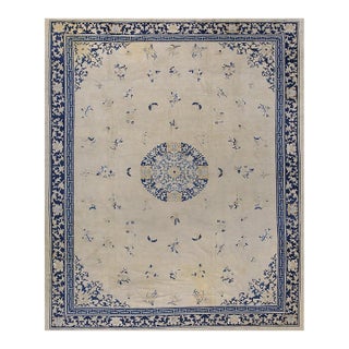 1920s Beige Field Classic Greek Key Antique Chinese Peking Room Size Knotted Rug For Sale