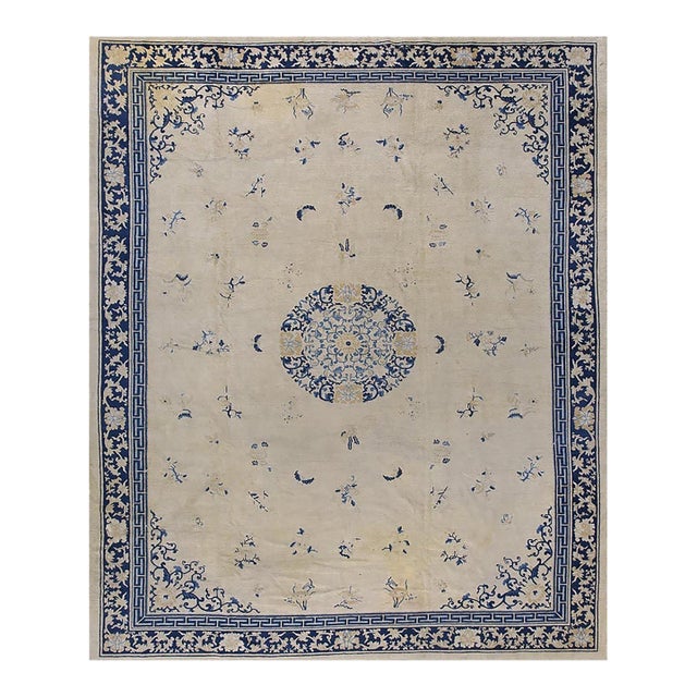 1920s Beige Field Classic Greek Key Antique Chinese Peking Room Size Knotted Rug For Sale