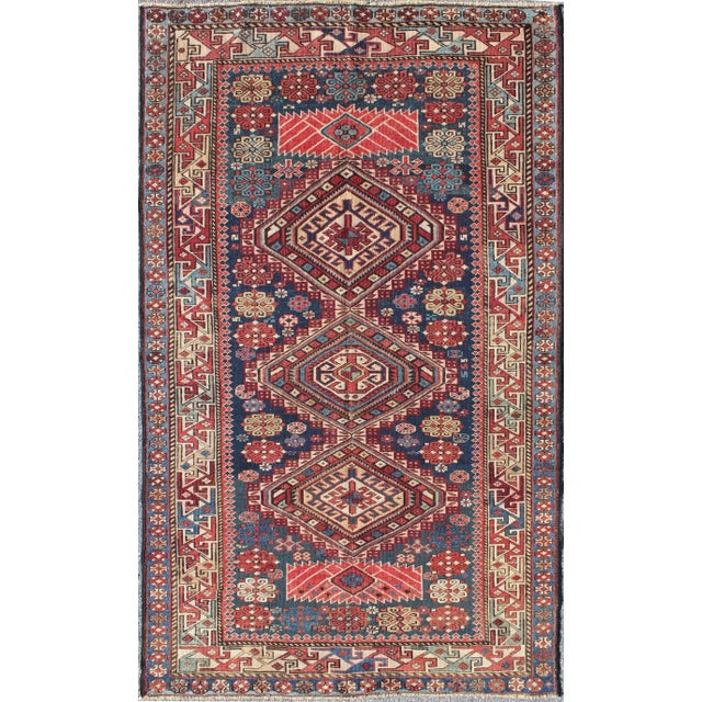 Blue Antique Kazak Tri- Medallion Rug With Multi Coors and Indigo Background For Sale - Image 8 of 8