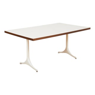 Model 5559 Pedestal Series Dining Table in White Coated Cast Aluminum and Resin with Walnut by George Nelson & Associates for Herman Miller, 1960 For Sale