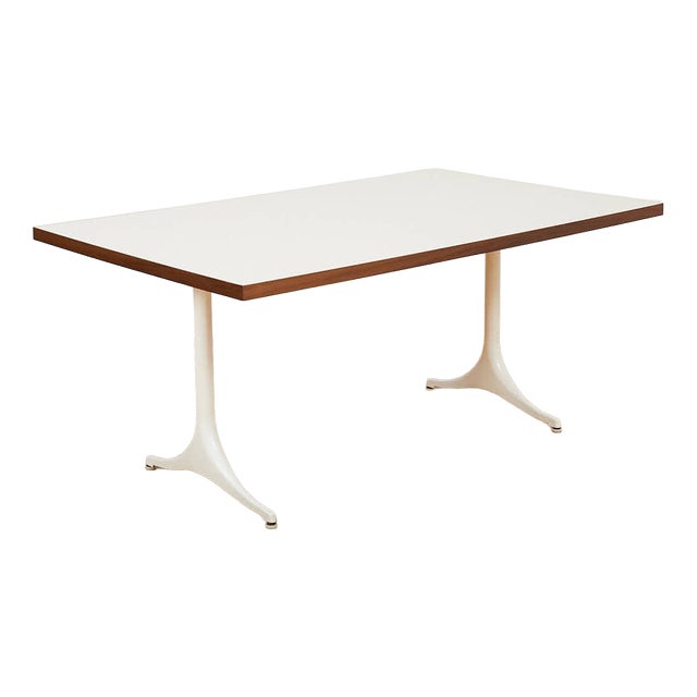 Model 5559 Pedestal Series Dining Table in White Coated Cast Aluminum and Resin with Walnut by George Nelson & Associates for Herman Miller, 1960 For Sale