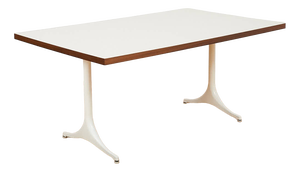 Model 5559 Pedestal Series Dining Table in White Coated Cast Aluminum and Resin with Walnut by George Nelson & Associates for Herman Miller, 1960