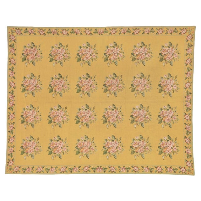 20th Century Yellow Arraiolos Rug with Pink and Green Flowers, Portugal, 1900s For Sale