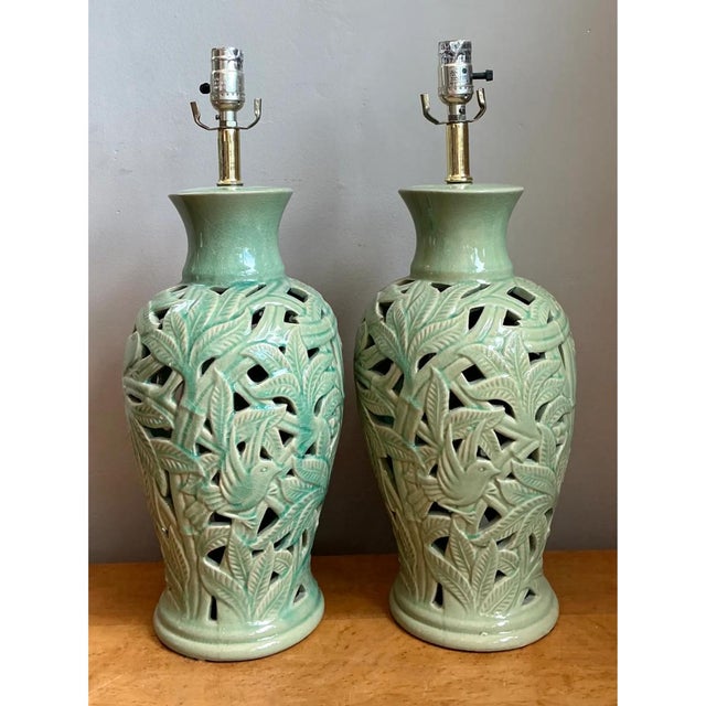 Metal Vintage Celadon Pierced Ceramic Lamps - a pair For Sale - Image 7 of 12