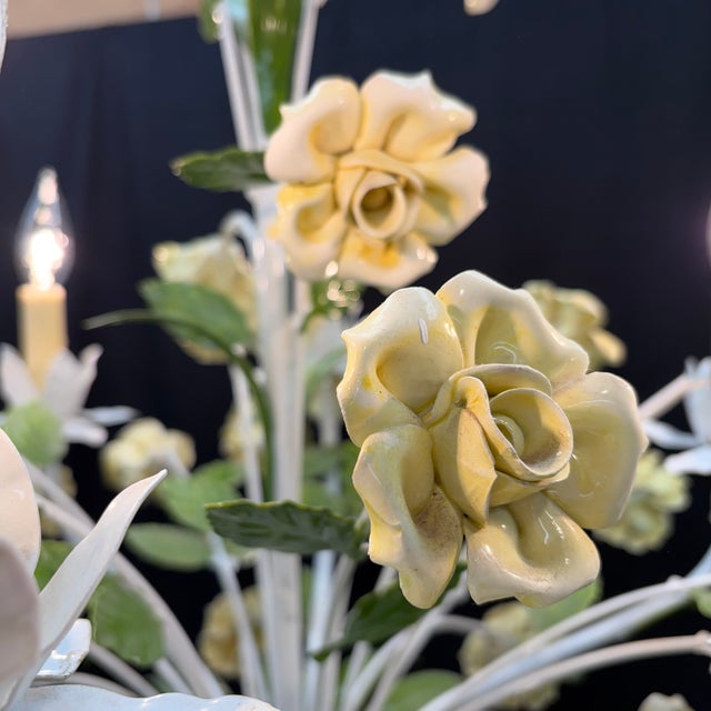 Vintage Italian Style Painted Tole Floral 6-Arm Chandelier With Yellow Roses For Sale - Image 4 of 13