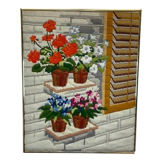 1970s Americana Folk Art Pots of Blooming Flowers Needlepoint For Sale