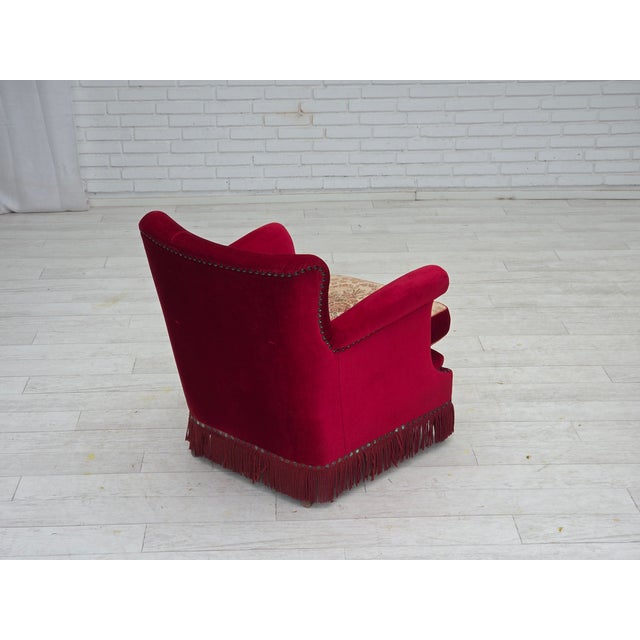 Danish Armchair in Red Velour and Ash, 1970s For Sale - Image 6 of 17
