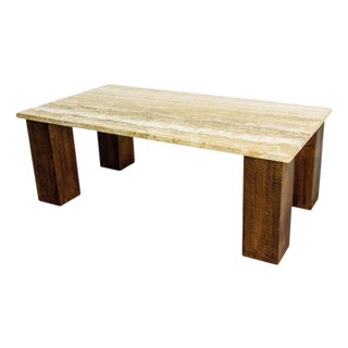 Mid-Century Modern French Travertine & Oak Coffee Table, 1960s For Sale