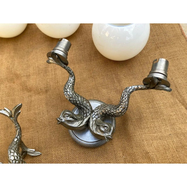 1970s 1970's French Regency Silvered Bronze Dolphin/ Sea Creatures/ Sconce Pair and Single Double Fish Sconce For Sale - Image 5 of 13
