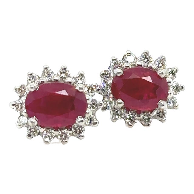 18ct White Gold Ruby & Diamond Oval Cluster Earrings - 2 Pieces For Sale