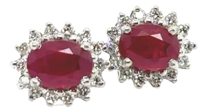 18ct White Gold Ruby & Diamond Oval Cluster Earrings - 2 Pieces
