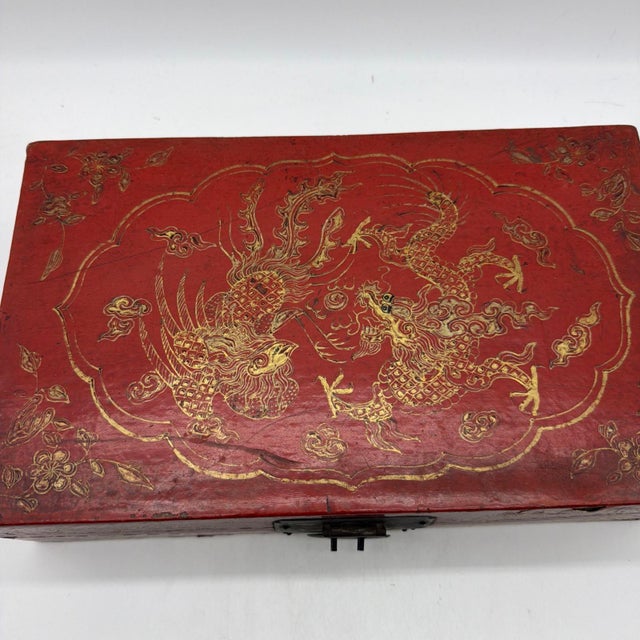 Early 20th Century Vintage Chinese Gilt Red Lacquer Leather Document Box With Dragon & Phoenix For Sale - Image 5 of 14