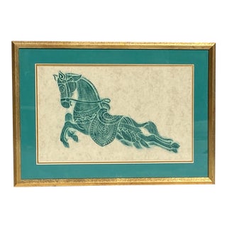Vintage Thai Turquoise Horse Temple Rubbing on Rice Paper For Sale
