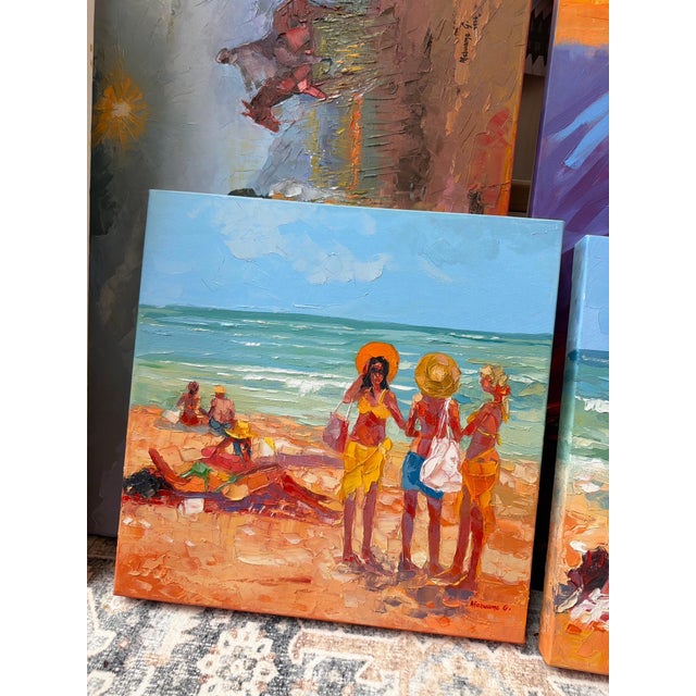 In Time Out I and Time Out II, Godfrey Afebuame paints simple, bright scenes of people relaxing at the beach. Using thick...