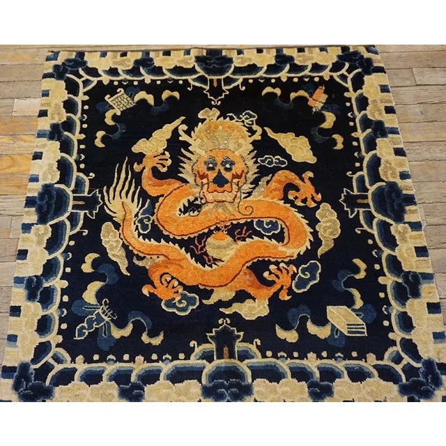 19th Century Chinese Ningxia Rug ( 3' x 3'2" - 92 x 97 ) Antique Small Scatter Size Wool Blue Rug, Circa Date: 1890s. This...