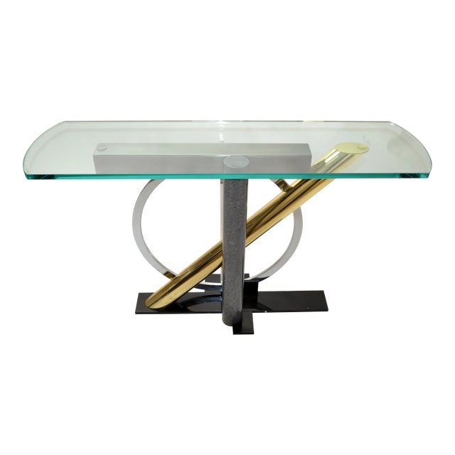Kaizo Oto Design Institute of America Console Glass Table Brass, Steel, Chrome For Sale