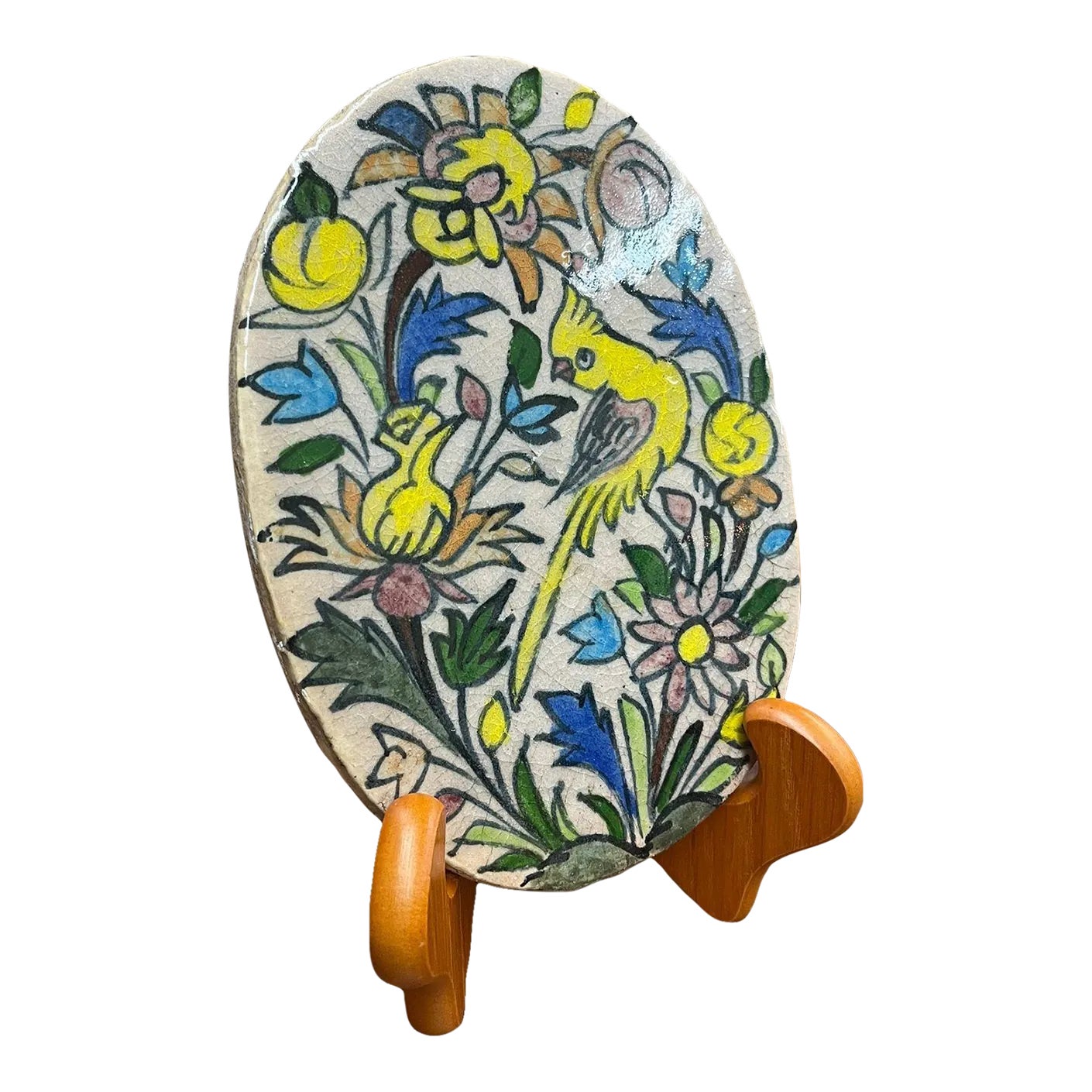 1970s Vintage Hand Painted Ceramic Oval Tile With Parrot Motif | Chairish