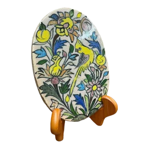 1970s Vintage Hand Painted Ceramic Oval Tile With Parrot Motif
