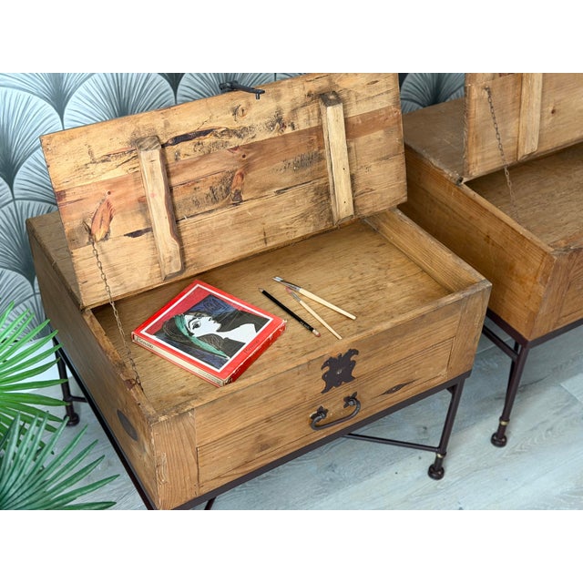 Vintage Rustic Mexican Pine Wood and Wrought Iron and Brass Storage Trunk Chest Side Tables - A Pair For Sale In Los Angeles - Image 6 of 15